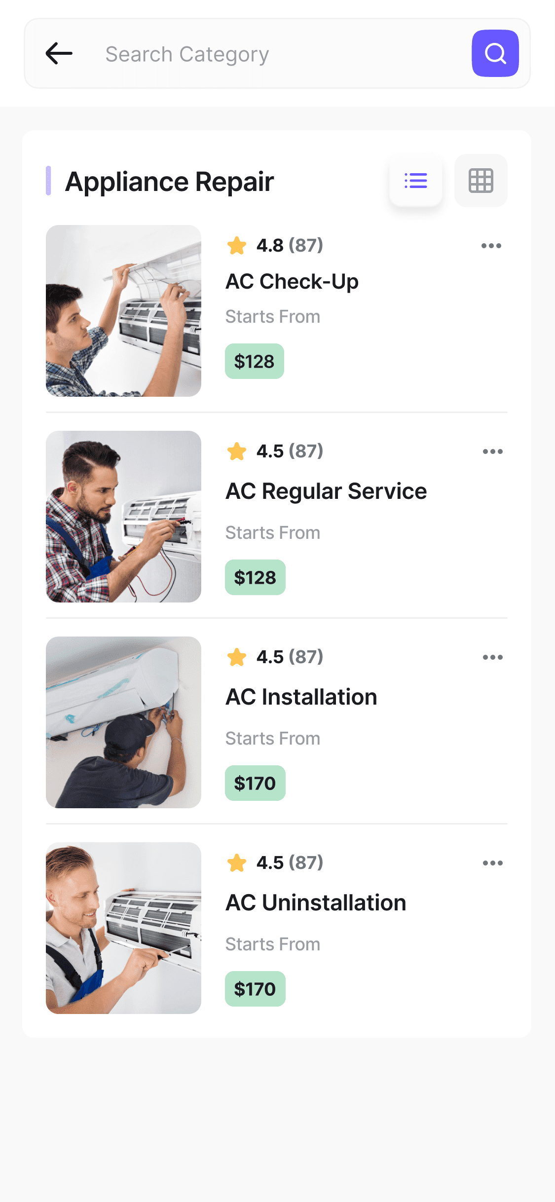 Screens Sub Category List View